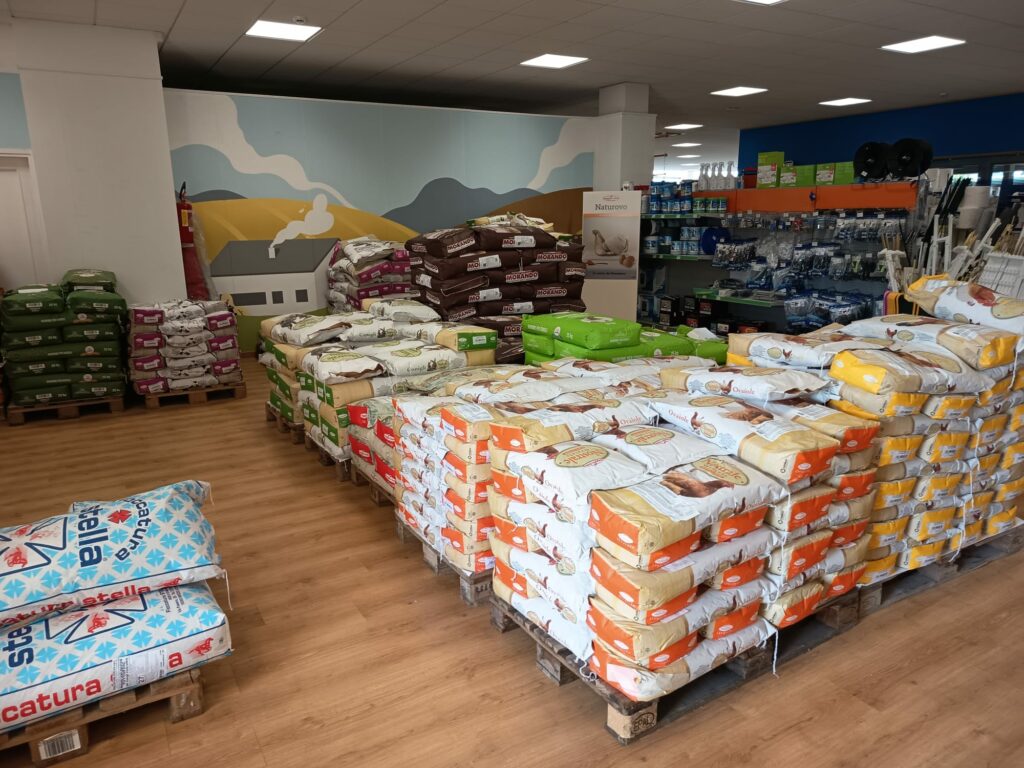 Cereali selezionati puliti e confezionati da noi e mangimi pellettati sbriciolati o in farina prodotti da aziende leader del mercato per animali da cortile